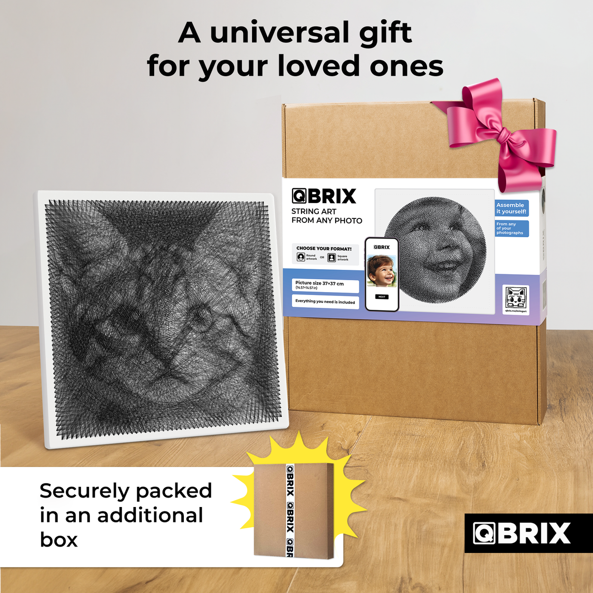 QBRIX photo string art kit packaged as a personalized creative gift