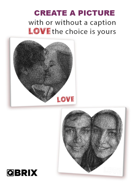 Heart-shaped portraits of a couple with 'LOVE' text, featuring QBRIX branding.