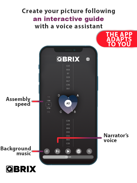 Smartphone displaying the QBrix app with features highlighted on a white background