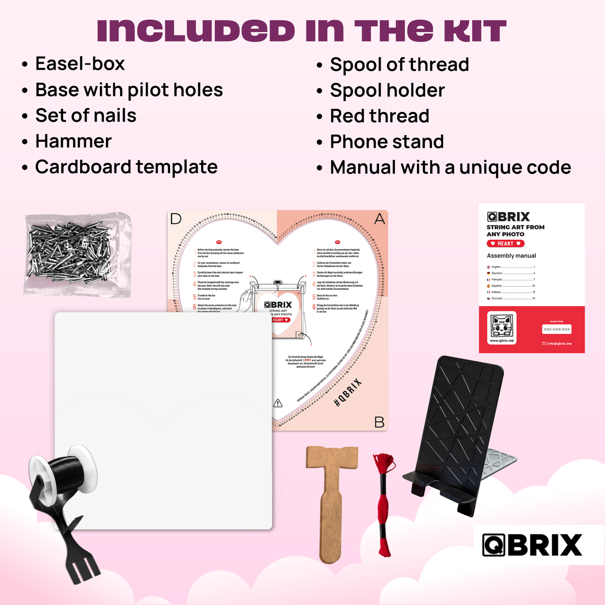 Items included in the QBRIX heart-shaped string art kit, including frame and accessories
