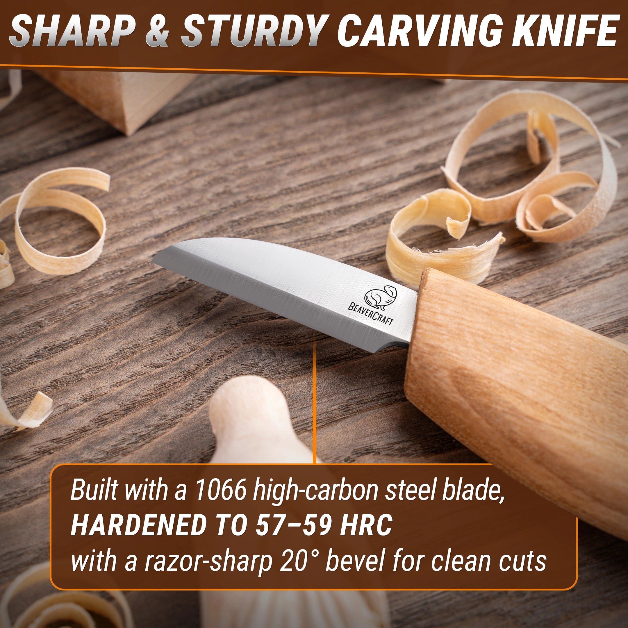 Carving knife with wooden handle on a wooden surface with peels, branded 'Silvercraft'.