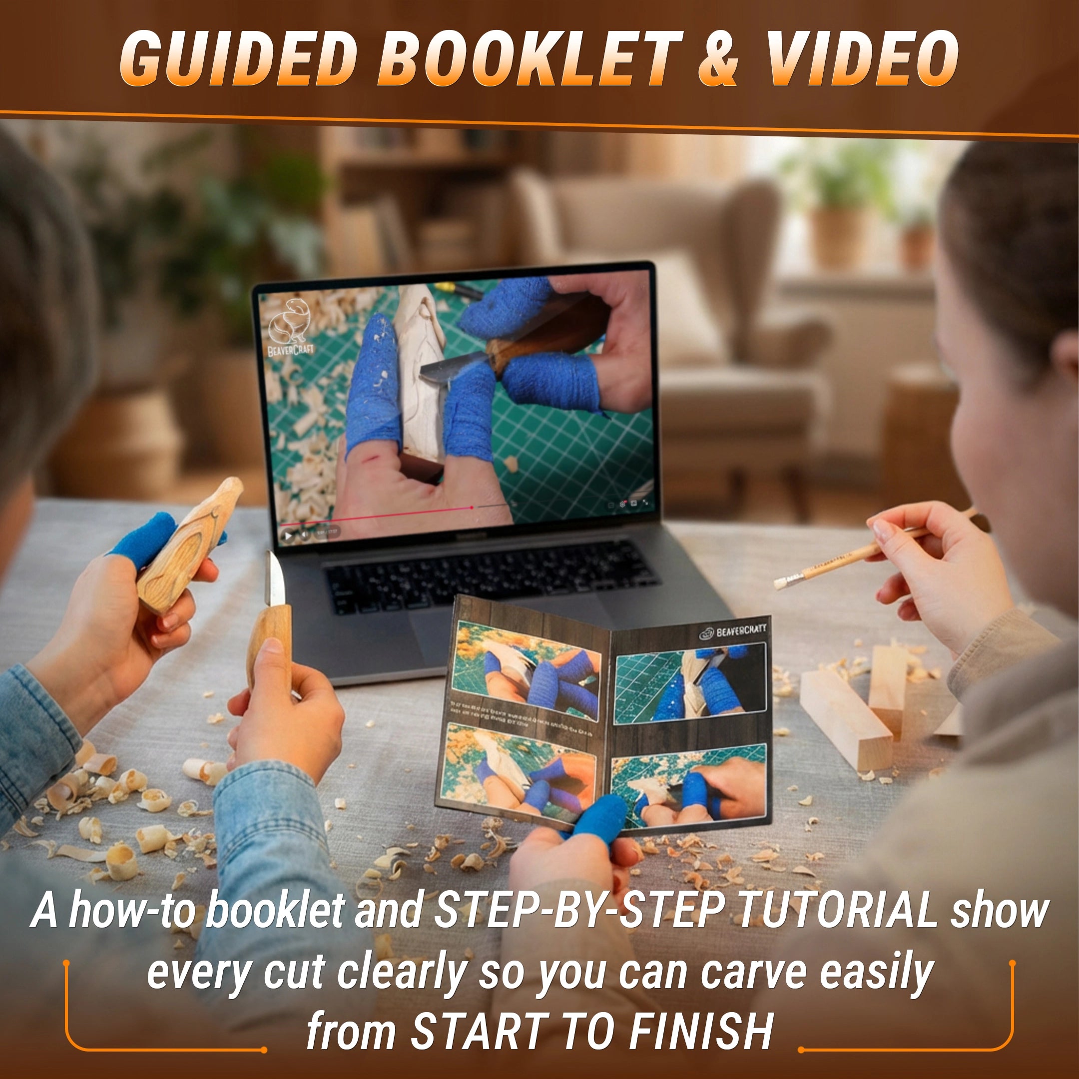 Two people working on a craft project with a laptop showing a tutorial, surrounded by tools and materials.