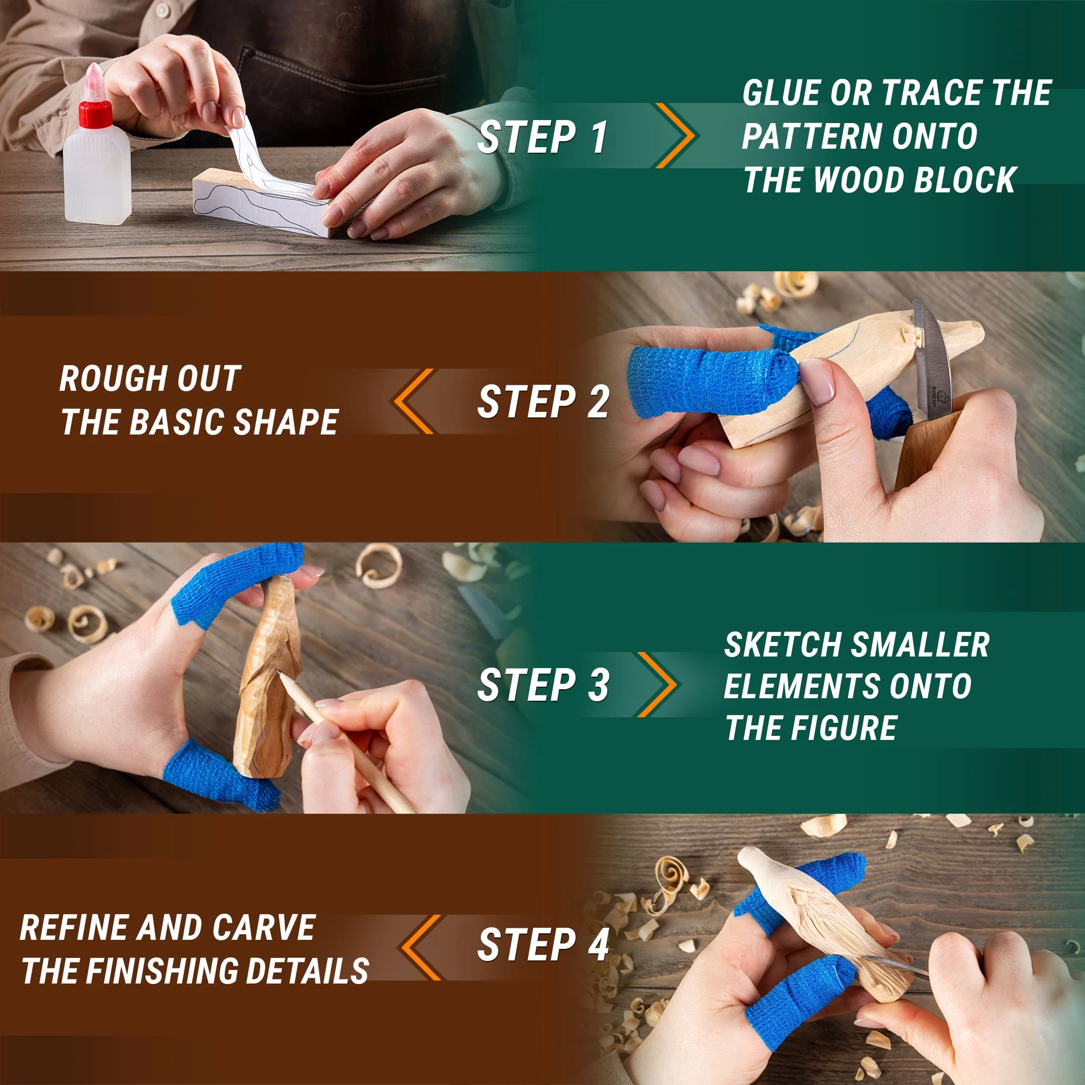 Step-by-step process of wood carving with hands and tools on a wooden surface.