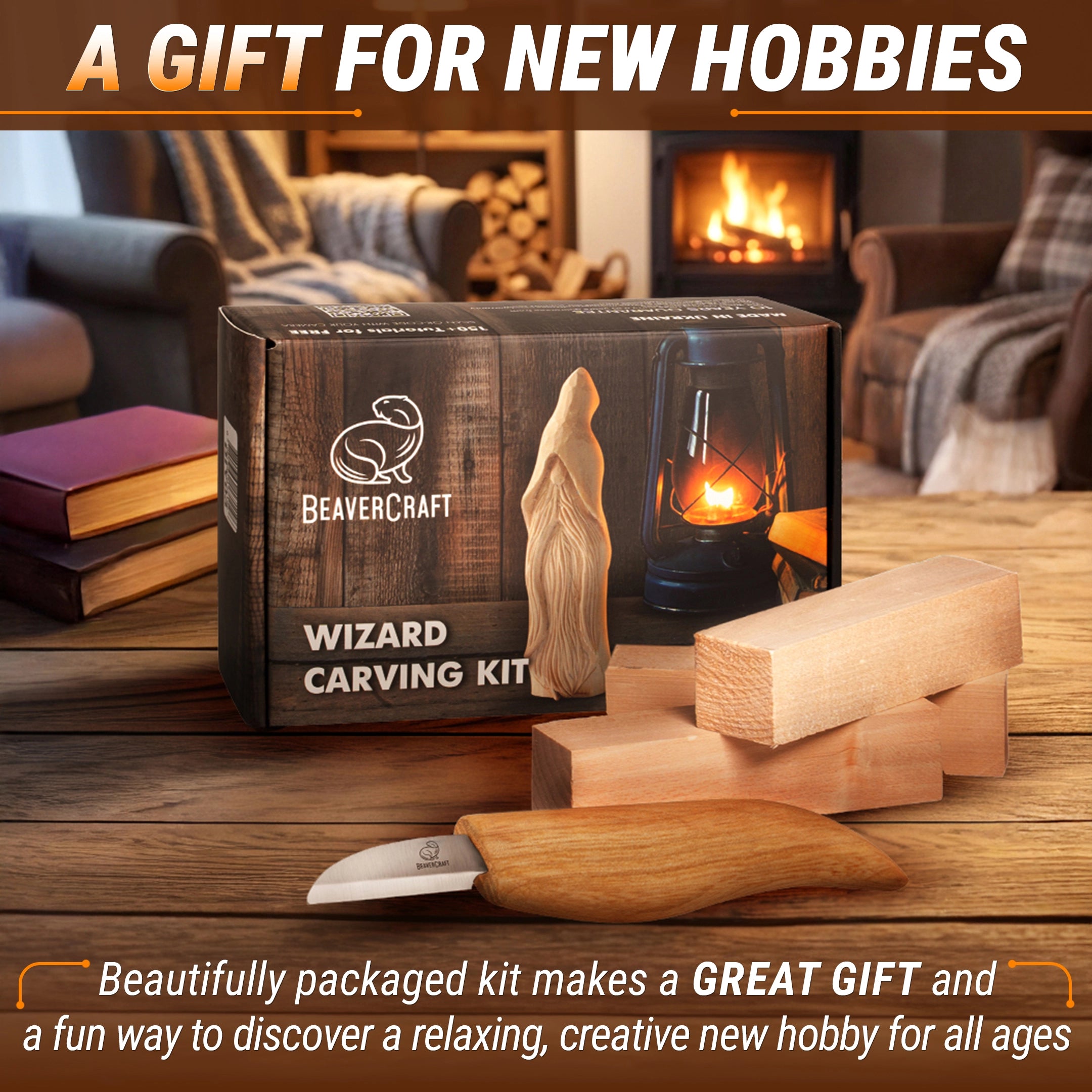 BeaverCraft Wizard Carving Kit on a wooden table with a cozy fireplace background