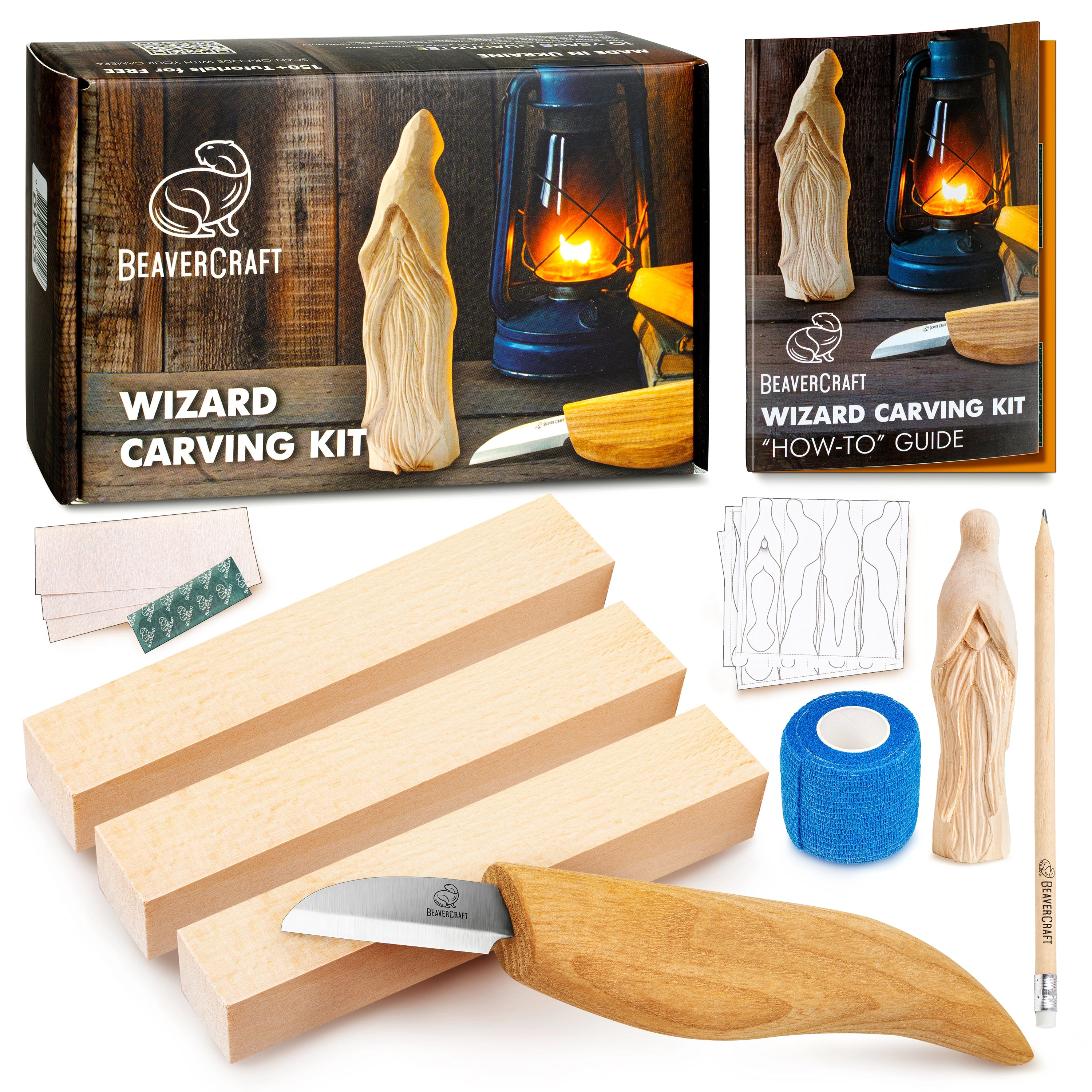 BeaverCraft Wizard Carving Kit with wood blocks, knife, and instructions on a white background