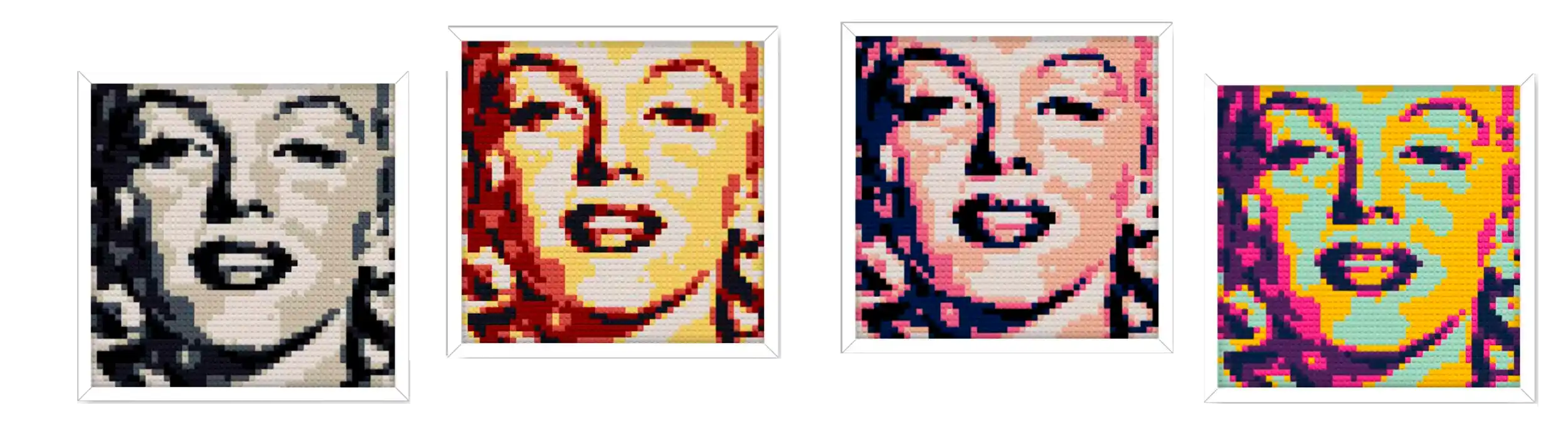 Four stylized portraits of a woman in different color schemes.