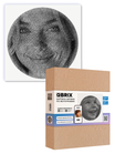 Cardboard box with OBRIX branding featuring a face portrait made of interlocking rings.