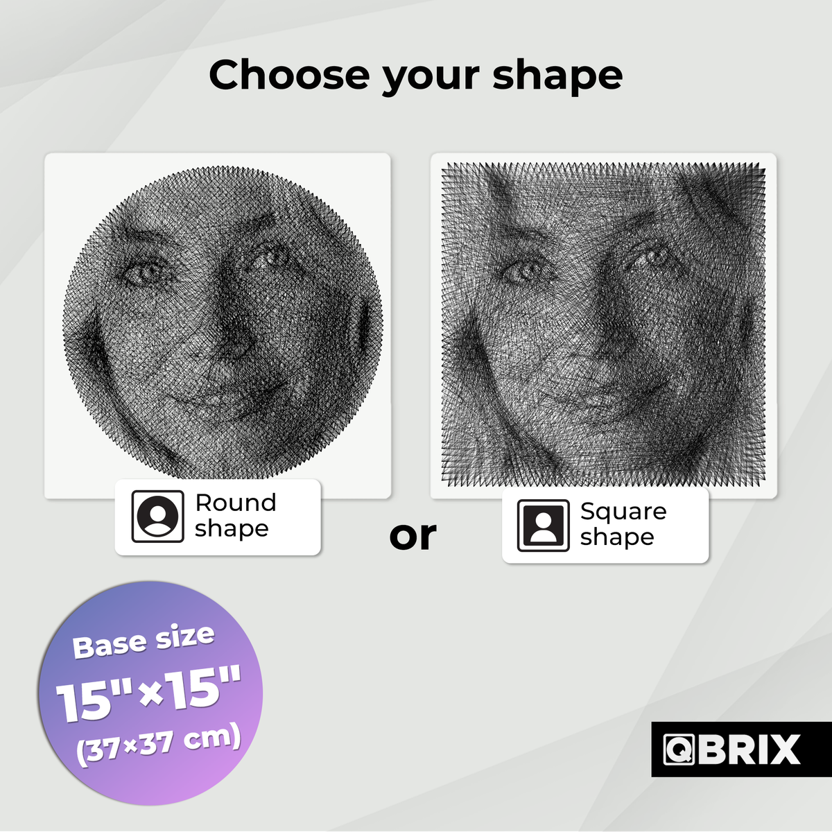 Round and square QBRIX string art portrait options made from a photo