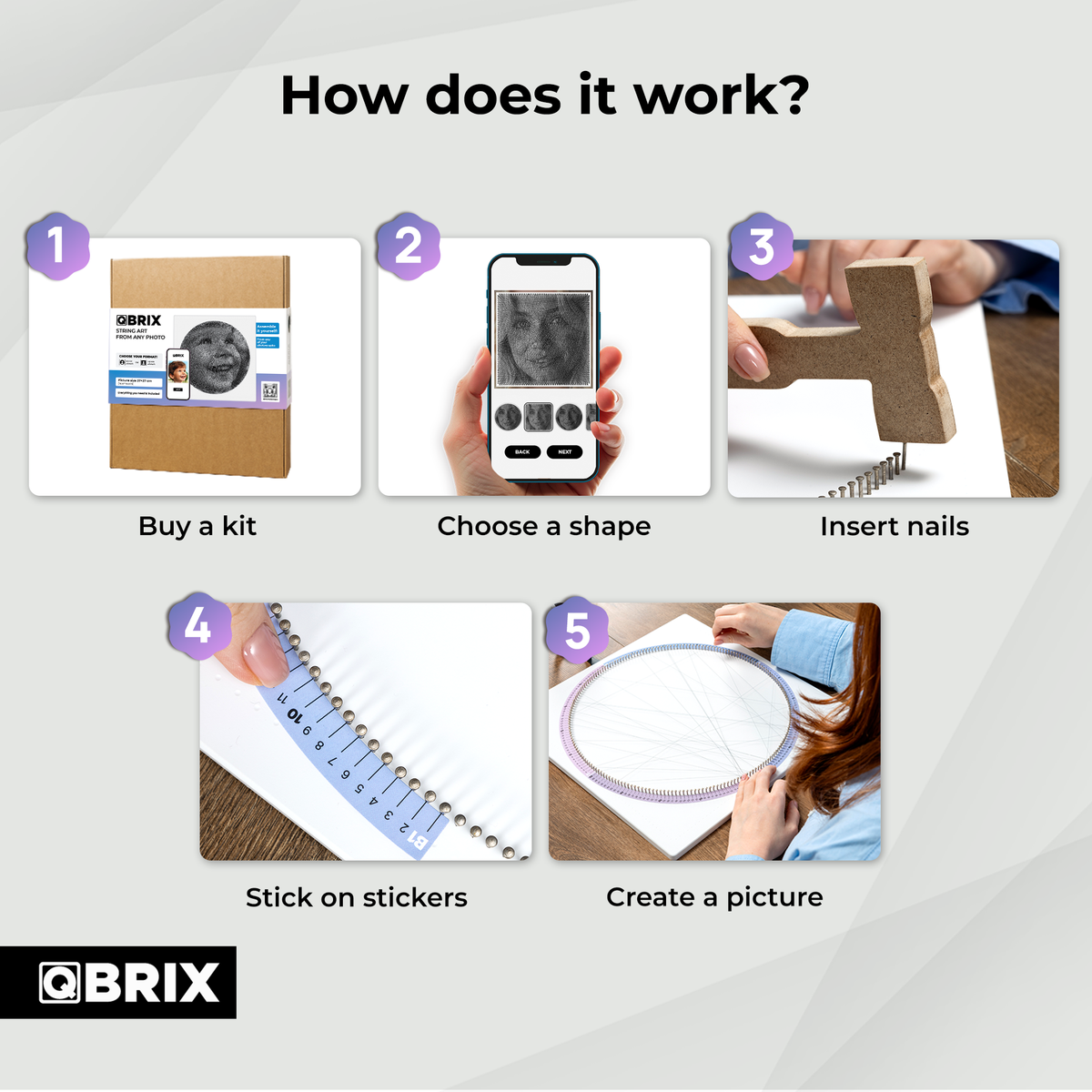 QBRIX instructions showing how to build a custom string art portrait from a photo