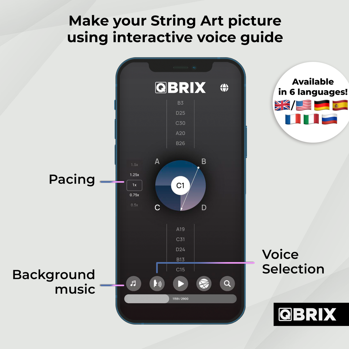 QBRIX app with interactive voice guide for assembling a photo string art portrait