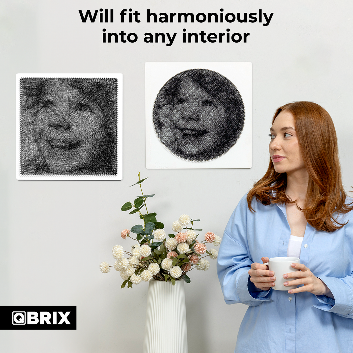 Finished QBRIX round and square string art pictures displayed in a room