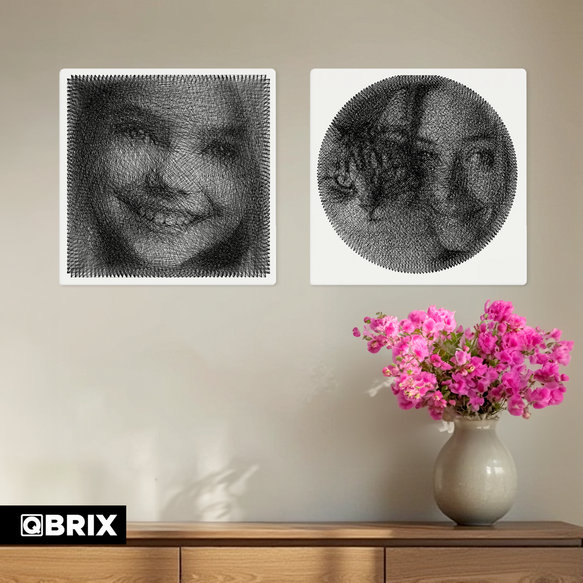 Finished QBRIX round and square portrait string art displayed on a wall