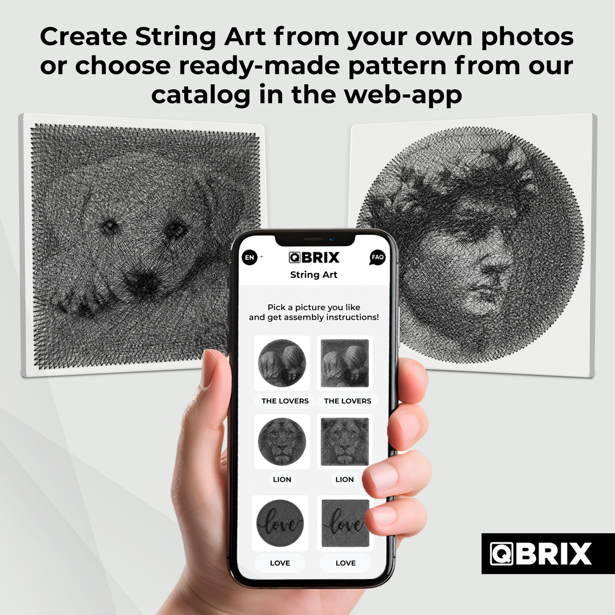 QBRIX string art picture examples with phone app for uploading a photo