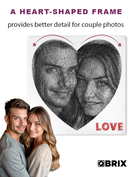 Heart-shaped frame with couple's photo and 'LOVE' text, QBRIX brand visible