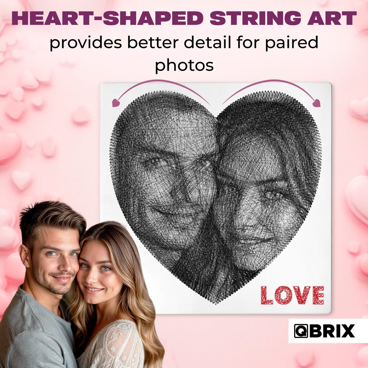 QBRIX heart-shaped string art portrait made from a couple's photo