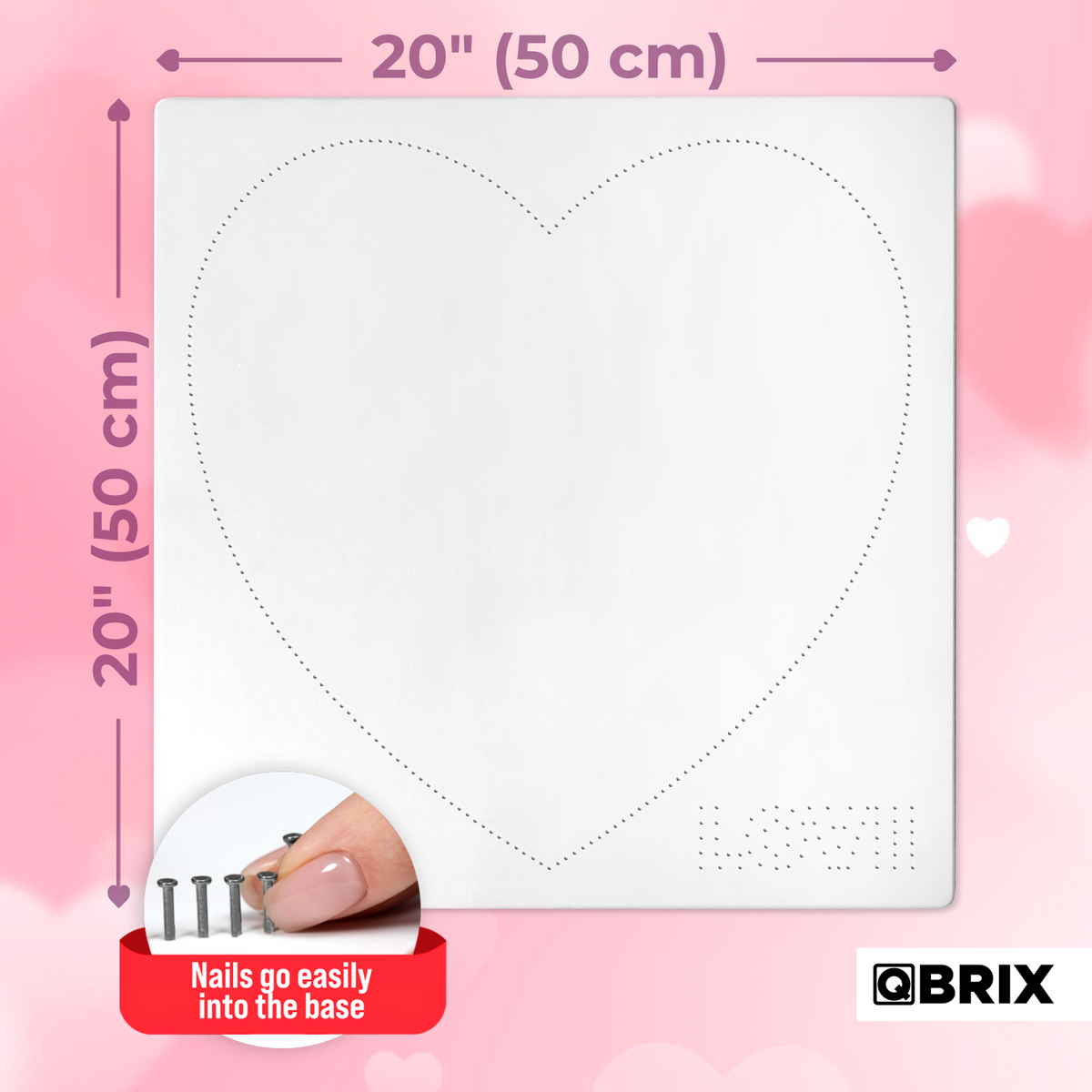QBRIX Heart string art kit dimensions, 50 by 50 cm frame