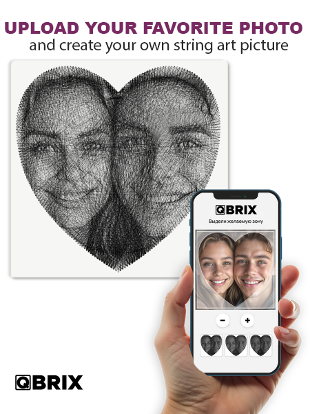 QBRIX app on a phone displaying string art of two faces, with text 'Upload your favorite photo and create your own string art picture'.