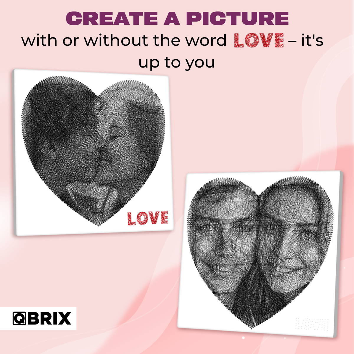 QBRIX Heart portraits in a white frame with pink background