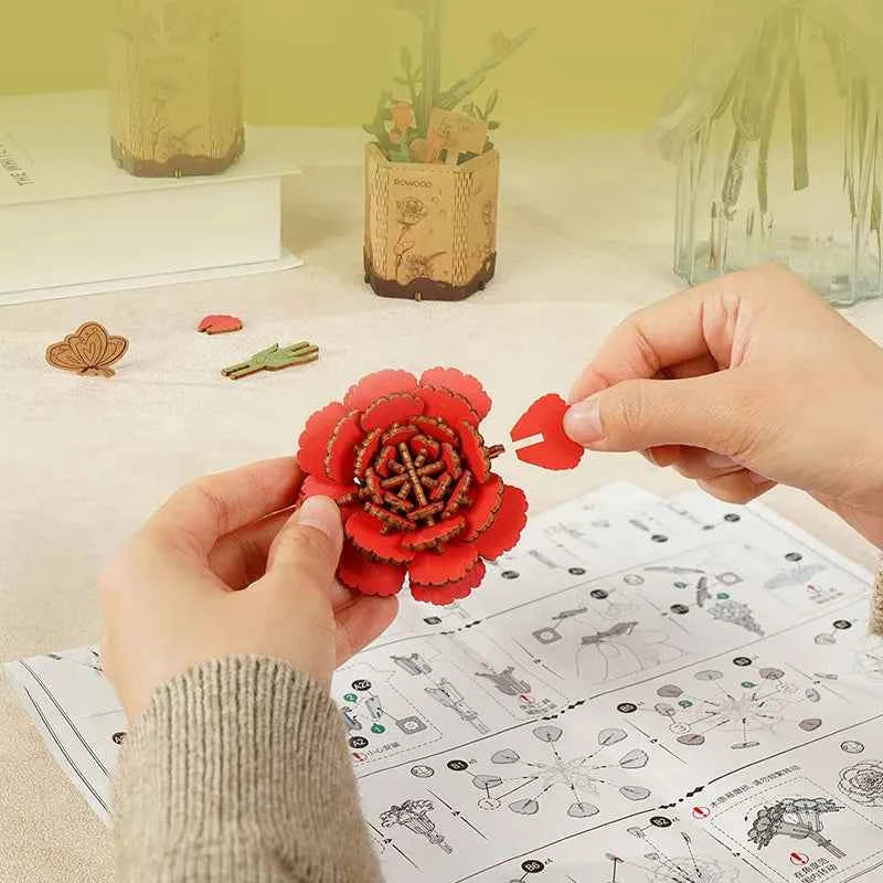 Red Carnation Wooden Flower Puzzle