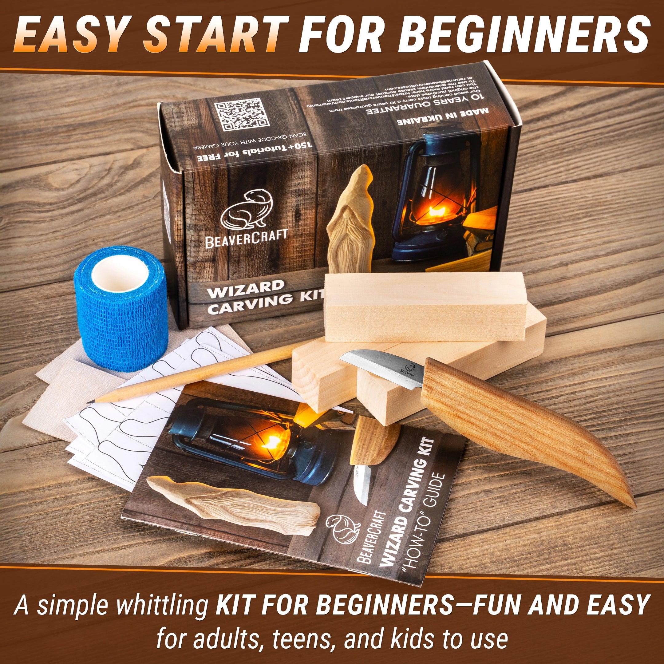 Beavercraft Wizard Carving Kit on a wooden surface with text indicating it's an easy start for beginners.