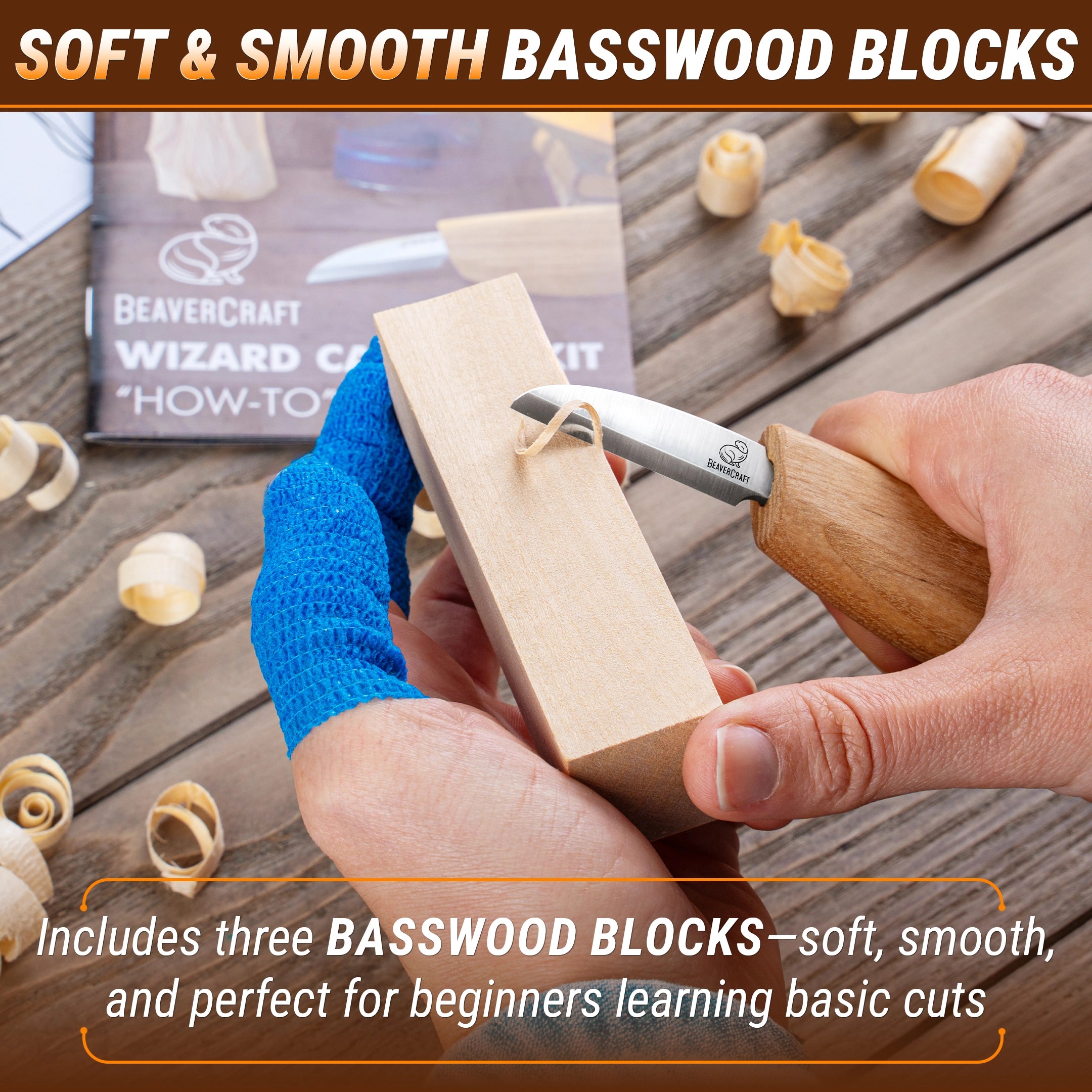 Person using a woodcarving tool on basswood blocks with text about soft and smooth basswood blocks.