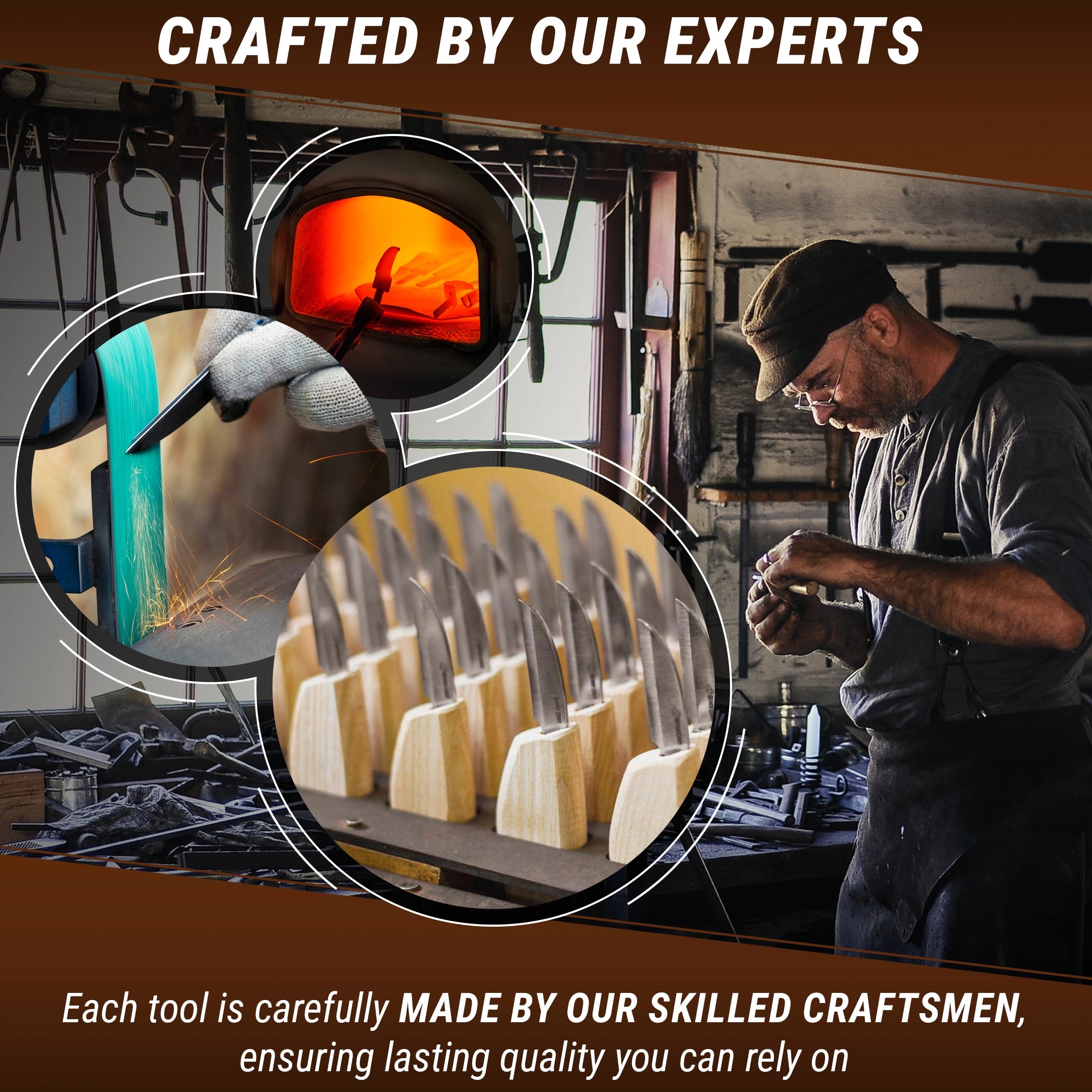 Craftsman working with tools in a workshop, surrounded by close-ups of tools and equipment.