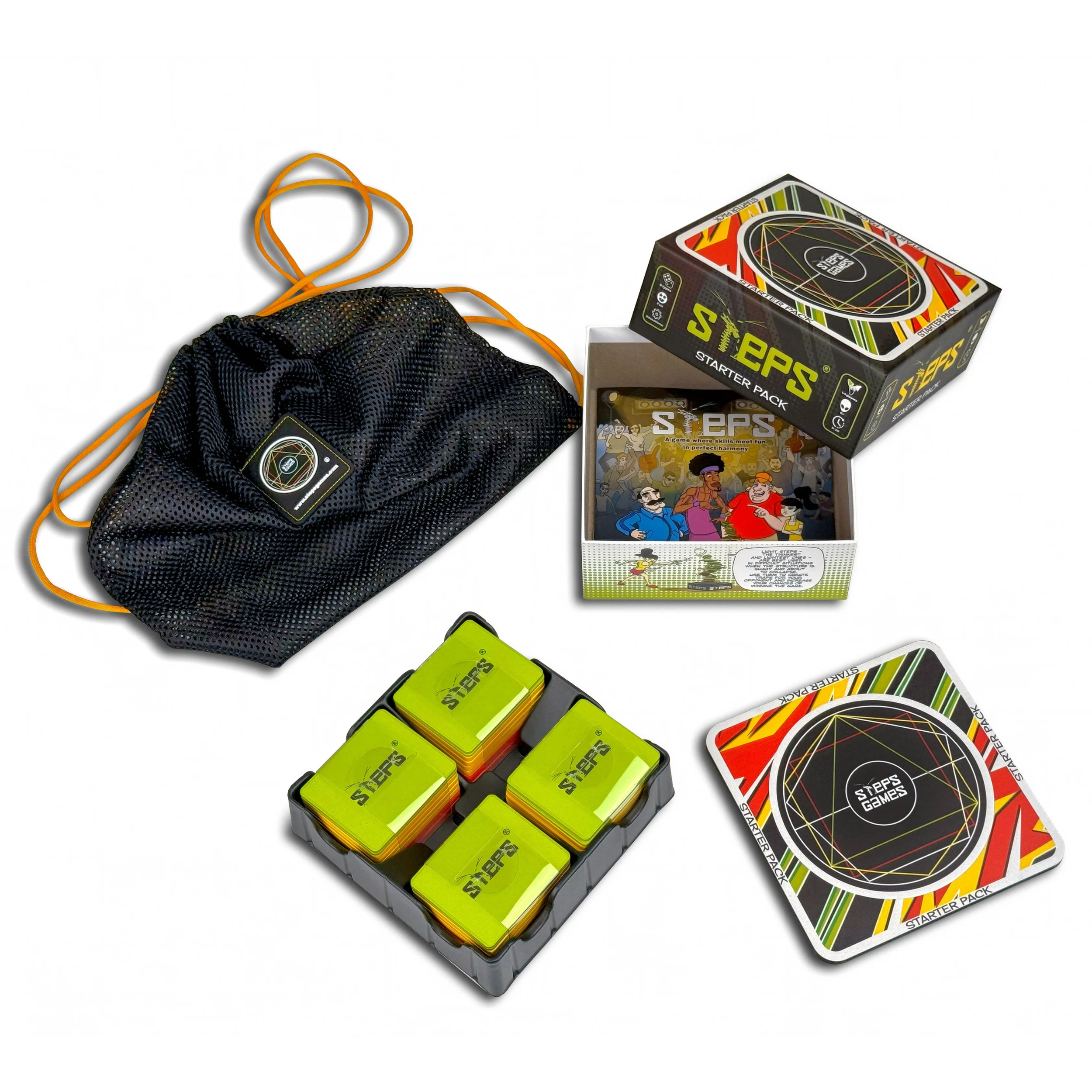 Collection of 'Steps' products including a drawstring bag, boxes, and packaging on a white background.
