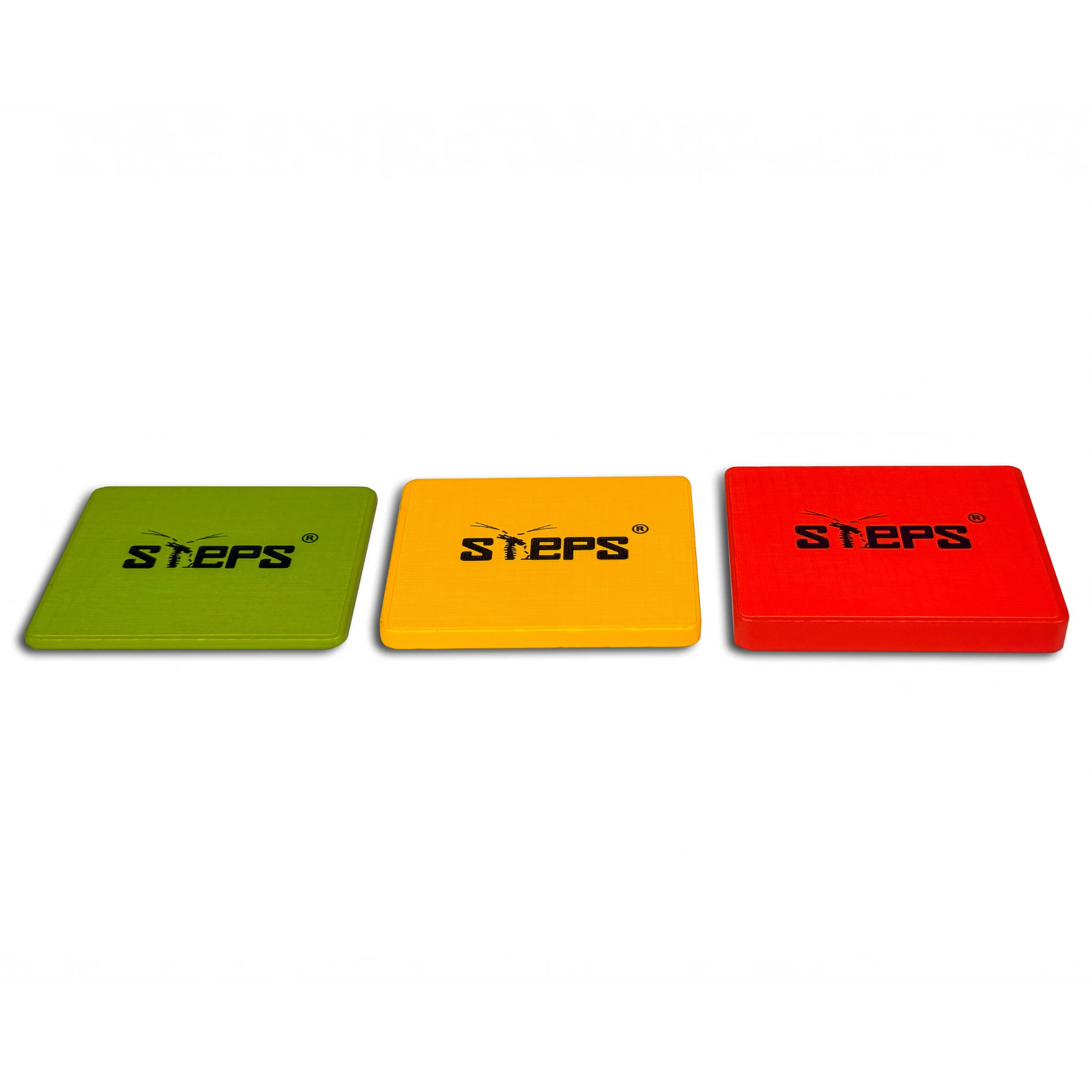 Three rectangular pads in green, orange, and red with 'STEPS' branding on a white background.