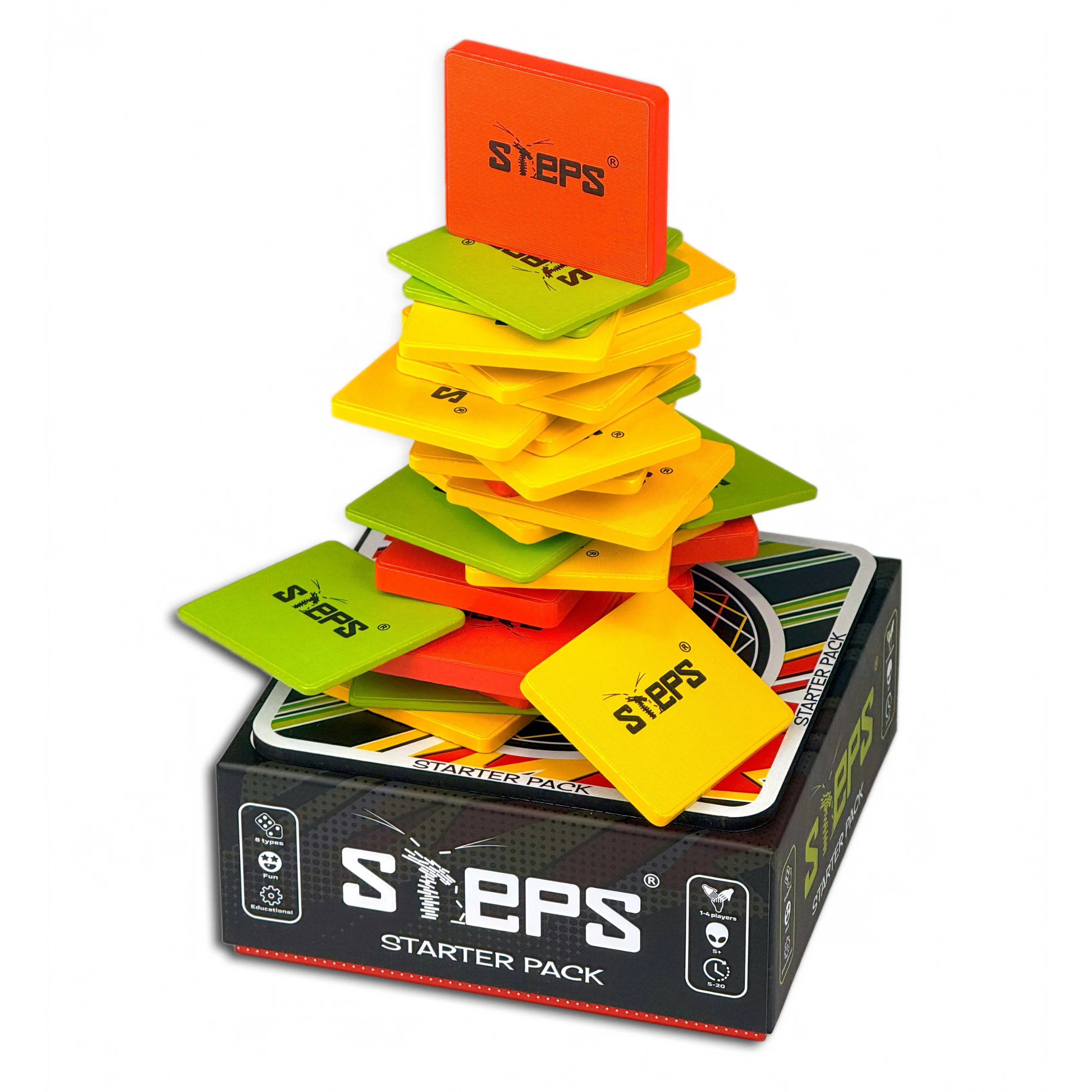 Stack of colorful card packs with 'STEPS' branding on a white background