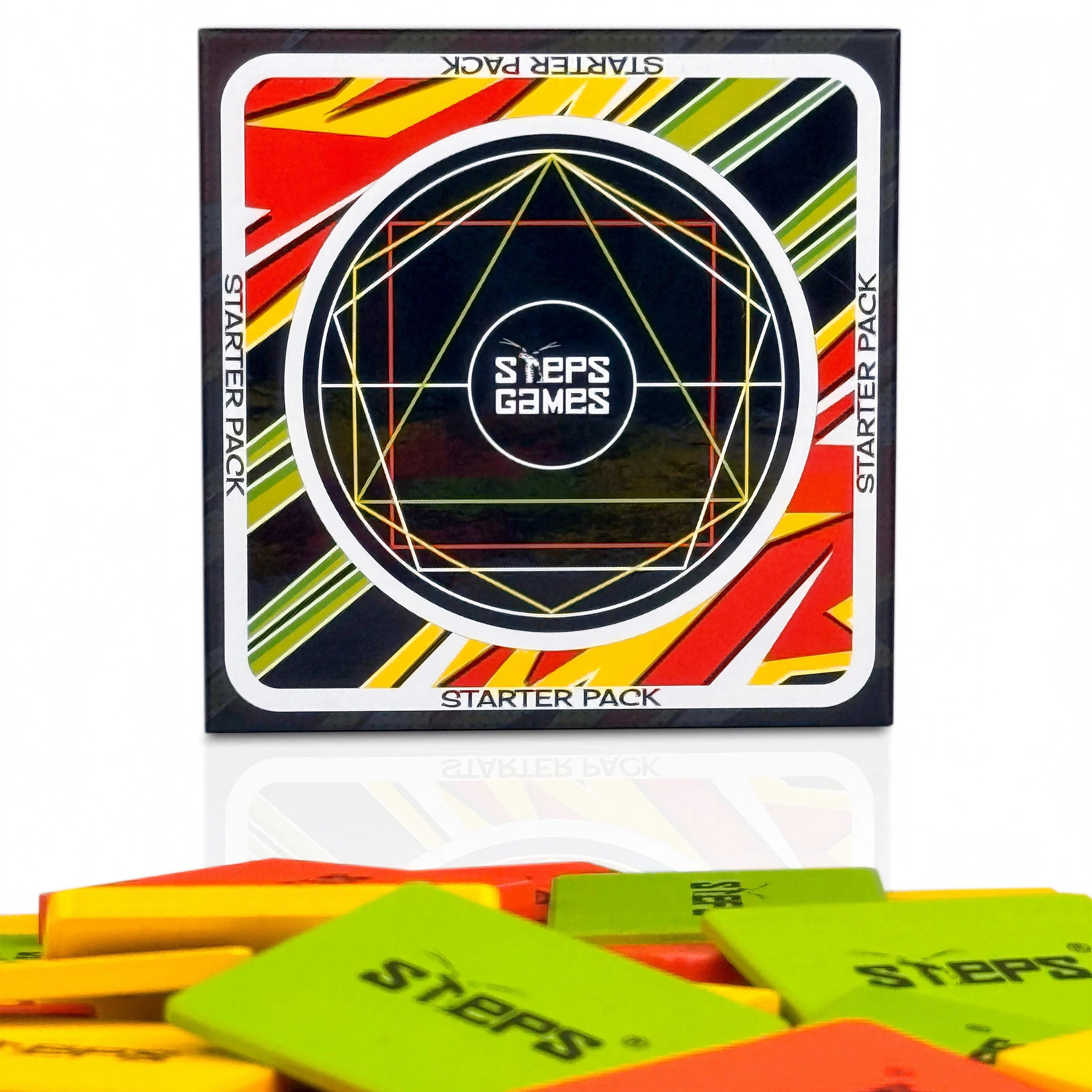 Steps Games starter pack with colorful game pieces on a white background