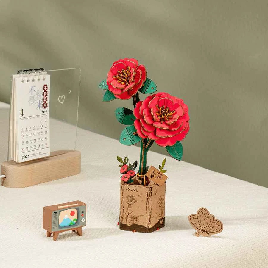 Red Camellia Wooden Flower Puzzle