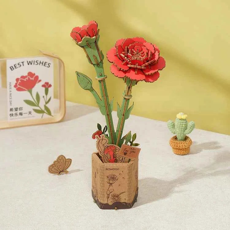 Red Carnation Wooden Flower Puzzle