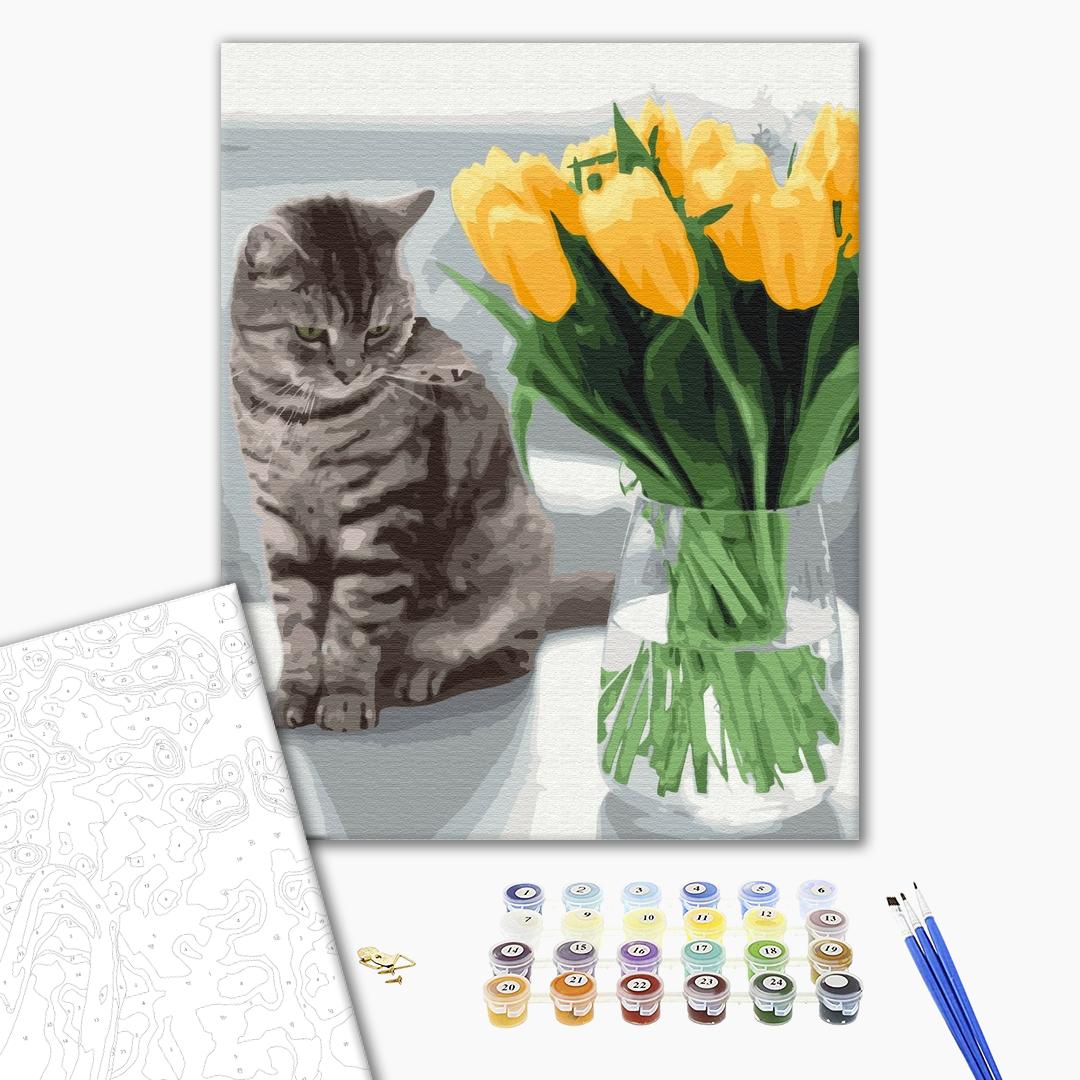 Painting by numbers Cat with tulips (BS52638)