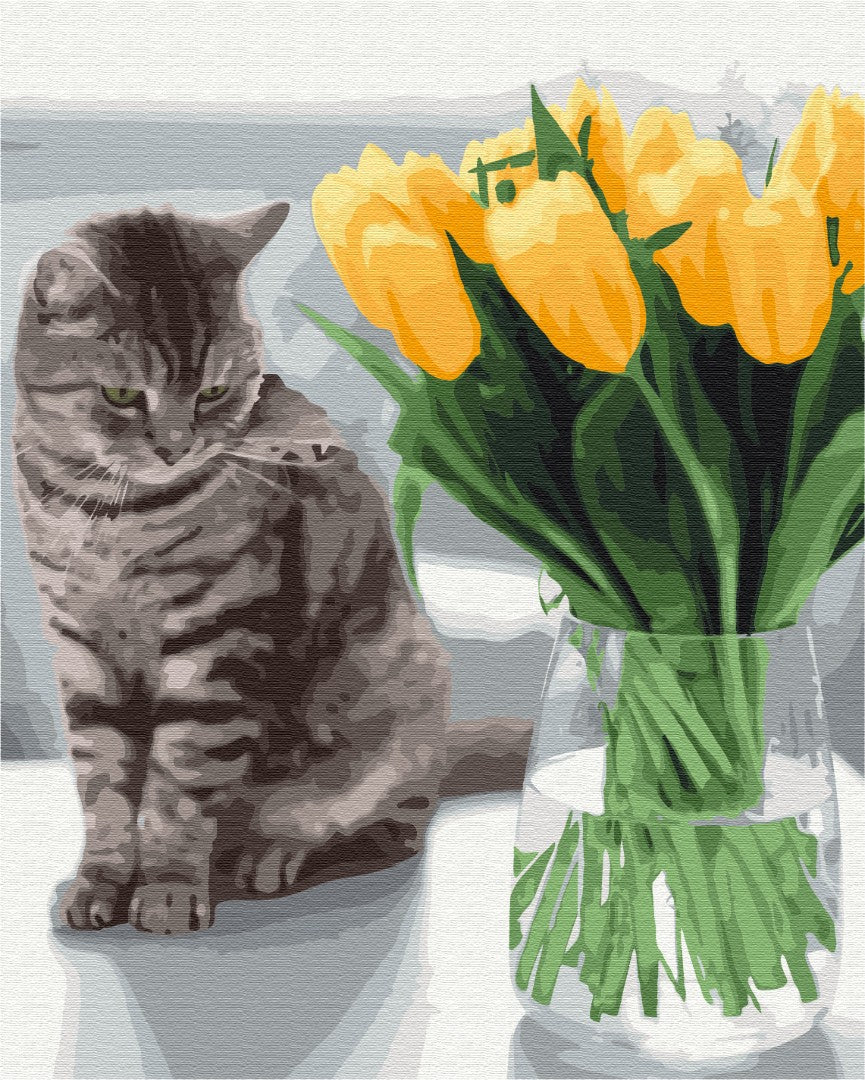 Painting by numbers Cat with tulips (BS52638)