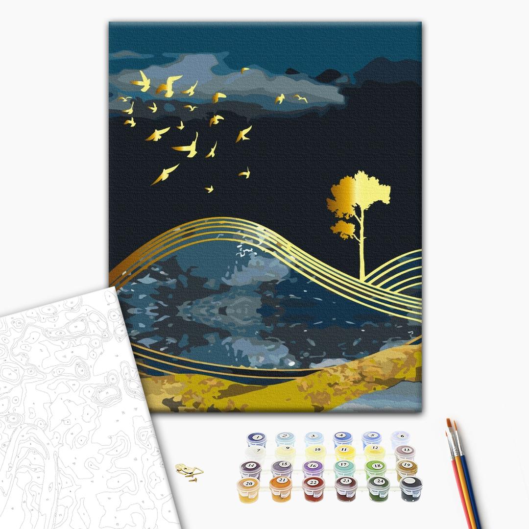 Painting by numbers Birds of the night with golden paint (BS53042)